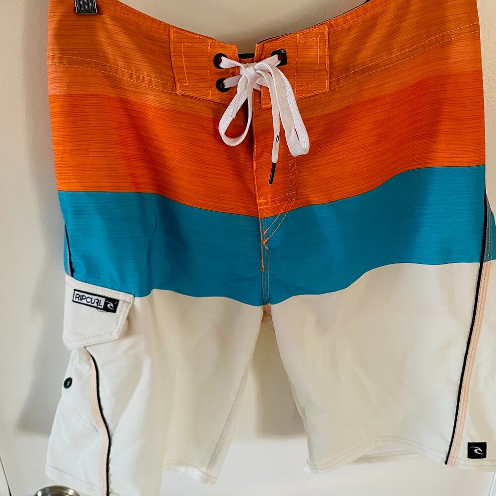 Rip Curl Color Block Board Shorts, Size 30, Orange, Turquoise and White